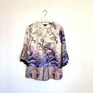 Citron Cream / Purple Multicolor Asian Floral 100% Silk Blouse Top Size Small